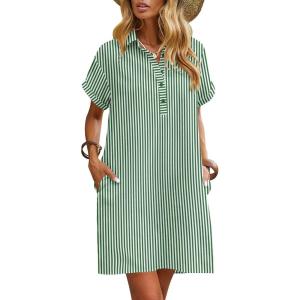 Zeagoo Womens Cotton Shirt Dress Summer Casual Short Sleeve Button Down Beach Cover Up Shirts with Pockets(Green White Stripe)