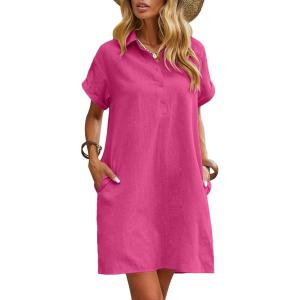 Zeagoo Womens Cotton Shirt Dress Summer Casual Short Sleeve Button Down Beach Cover Up Shirts with Pockets(Hot Pink)