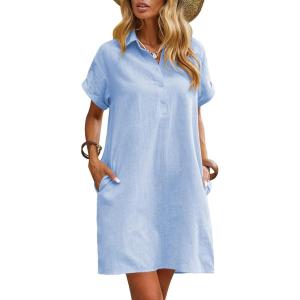 Zeagoo Womens Cotton Shirt Dress Summer Casual Short Sleeve Button Down Beach Cover Up Shirts with Pockets(Light Blue)