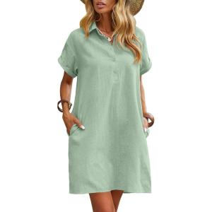 Zeagoo Womens Cotton Shirt Dress Summer Casual Short Sleeve Button Down Beach Cover Up Shirts with Pockets(Light Green)