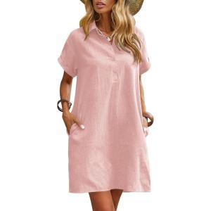 Zeagoo Womens Cotton Shirt Dress Summer Casual Short Sleeve Button Down Beach Cover Up Shirts with Pockets(Light Pink)