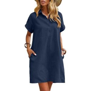 Zeagoo Womens Cotton Shirt Dress Summer Casual Short Sleeve Button Down Beach Cover Up Shirts with Pockets(Navy Blue)