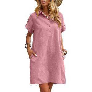 Zeagoo Womens Cotton Shirt Dress Summer Casual Short Sleeve Button Down Beach Cover Up Shirts with Pockets(Pink)