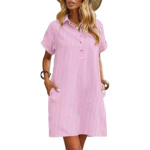 Zeagoo Womens Cotton Shirt Dress Summer Casual Short Sleeve Button Down Beach Cover Up Shirts with Pockets(Pink White Stripe)