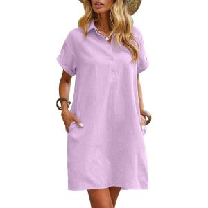 Zeagoo Womens Cotton Shirt Dress Summer Casual Short Sleeve Button Down Beach Cover Up Shirts with Pockets(Purple)