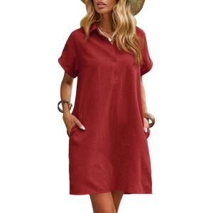 Zeagoo Womens Cotton Shirt Dress Summer Casual Short Sleeve Button Down Beach Cover Up Shirts with Pockets(Red)