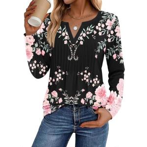 Zeagoo Womens Long Sleeve Tops 2025 V Neck Pleated Shirts Dressy Casual Tunic Blouses Loose Fit Fall Fashion Clothes(Black Pink-printed)