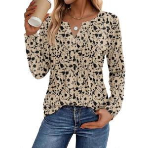 Zeagoo Womens Long Sleeve Tops 2025 V Neck Pleated Shirts Dressy Casual Tunic Blouses Loose Fit Fall Fashion Clothes(Khaki-printed)