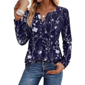 Zeagoo Womens Long Sleeve Tops 2025 V Neck Pleated Shirts Dressy Casual Tunic Blouses Loose Fit Fall Fashion Clothes(Sf180)
