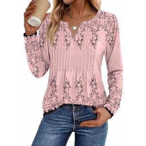 Zeagoo Womens Long Sleeve Tops 2025 V Neck Pleated Shirts Dressy Casual Tunic Blouses Loose Fit Fall Fashion Clothes(Sf190)