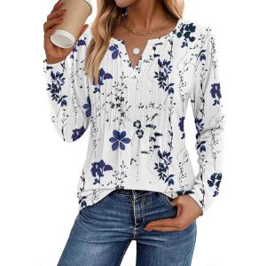 Zeagoo Womens Long Sleeve Tops 2025 V Neck Pleated Shirts Dressy Casual Tunic Blouses Loose Fit Fall Fashion Clothes(White-printed)