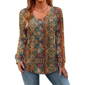 Zeagoo Womens Long Sleeve Tops V Neck Pleated Shirts Dressy Casual Blouses Fall Fashion Tunic Clothes 2026 T-Shirts(01-vintage Floral)