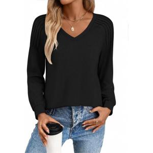 Zeagoo Womens Long Sleeve Tops V Neck Pleated Shirts Dressy Casual Blouses Fall Fashion Tunic Clothes 2026 T-Shirts(Black)