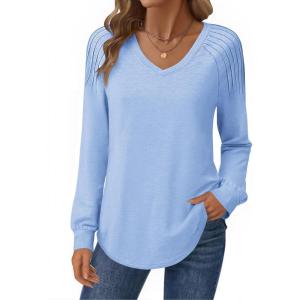 Zeagoo Womens Long Sleeve Tops V Neck Pleated Shirts Dressy Casual Blouses Fall Fashion Tunic Clothes 2026 T-Shirts(Blue)