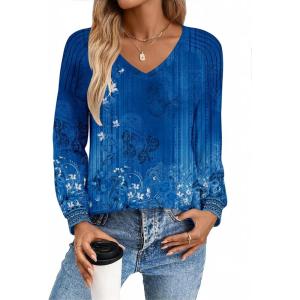 Zeagoo Womens Long Sleeve Tops V Neck Pleated Shirts Dressy Casual Blouses Fall Fashion Tunic Clothes 2026 T-Shirts(Blue Floral)