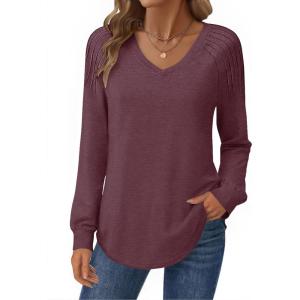 Zeagoo Womens Long Sleeve Tops V Neck Pleated Shirts Dressy Casual Blouses Fall Fashion Tunic Clothes 2026 T-Shirts(Deep Red)