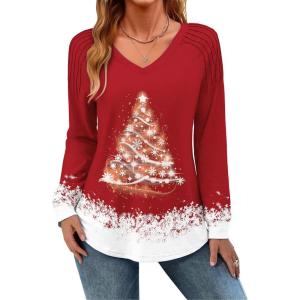 Zeagoo Womens Long Sleeve Tops V Neck Pleated Shirts Dressy Casual Blouses Fall Fashion Tunic Clothes 2026 T-Shirts(Floral Christmas 1)