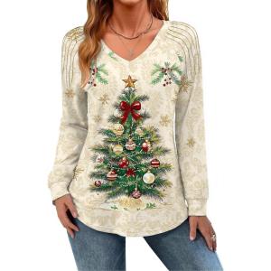 Zeagoo Womens Long Sleeve Tops V Neck Pleated Shirts Dressy Casual Blouses Fall Fashion Tunic Clothes 2026 T-Shirts(Floral Christmas 2)