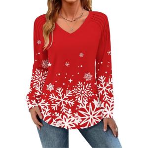Zeagoo Womens Long Sleeve Tops V Neck Pleated Shirts Dressy Casual Blouses Fall Fashion Tunic Clothes 2026 T-Shirts(Floral Christmas 3)