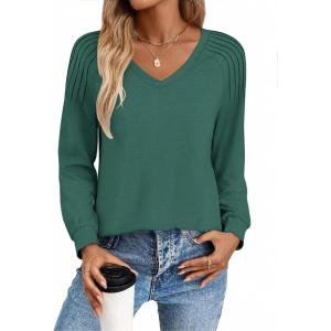Zeagoo Womens Long Sleeve Tops V Neck Pleated Shirts Dressy Casual Blouses Fall Fashion Tunic Clothes 2026 T-Shirts(Green)