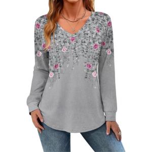 Zeagoo Womens Long Sleeve Tops V Neck Pleated Shirts Dressy Casual Blouses Fall Fashion Tunic Clothes 2026 T-Shirts(Grey-2)