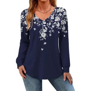 Zeagoo Womens Long Sleeve Tops V Neck Pleated Shirts Dressy Casual Blouses Fall Fashion Tunic Clothes 2026 T-Shirts(Navy Floral)