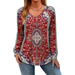 Zeagoo Womens Long Sleeve Tops V Neck Pleated Shirts Dressy Casual Blouses Fall Fashion Tunic Clothes 2026 T-Shirts(Red Floral)