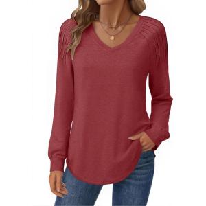 Zeagoo Womens Long Sleeve Tops V Neck Pleated Shirts Dressy Casual Blouses Fall Fashion Tunic Clothes 2026 T-Shirts(Wine Red)