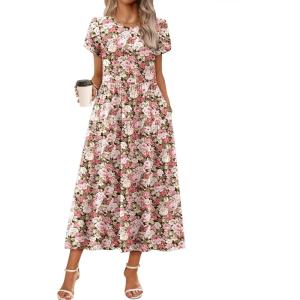 Zeagoo Womens Maxi Dresses Summer Bohemian Floral Short Sleeve Long Dress Casual Flowy Tired Beach Sundress(03-wf87)