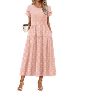 Zeagoo Womens Maxi Dresses Summer Bohemian Floral Short Sleeve Long Dress Casual Flowy Tired Beach Sundress(Jh1)