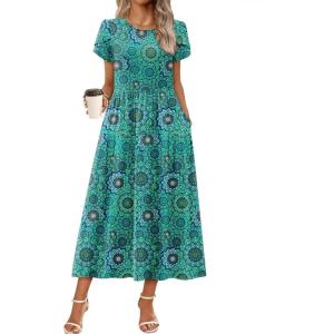 Zeagoo Womens Maxi Dresses Summer Bohemian Floral Short Sleeve Long Dress Casual Flowy Tired Beach Sundress(Mz911)