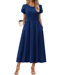 Zeagoo Womens Maxi Dresses Summer Bohemian Floral Short Sleeve Long Dress Casual Flowy Tired Beach Sundress(Navy Blue)