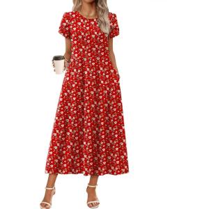 Zeagoo Womens Maxi Dresses Summer Bohemian Floral Short Sleeve Long Dress Casual Flowy Tired Beach Sundress(Red Floral)