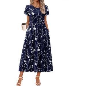 Zeagoo Womens Maxi Dresses Summer Bohemian Floral Short Sleeve Long Dress Casual Flowy Tired Beach Sundress(Sf180)