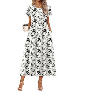 Zeagoo Womens Maxi Dresses Summer Bohemian Floral Short Sleeve Long Dress Casual Flowy Tired Beach Sundress(Sf196)