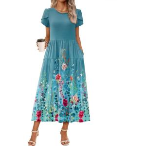 Zeagoo Womens Maxi Dresses Summer Bohemian Floral Short Sleeve Long Dress Casual Flowy Tired Beach Sundress(Wf115)