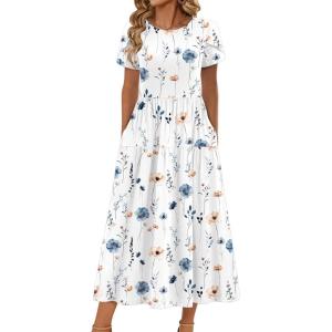 Zeagoo Womens Maxi Dresses Summer Bohemian Floral Short Sleeve Long Dress Casual Flowy Tired Beach Sundress(White Floral)