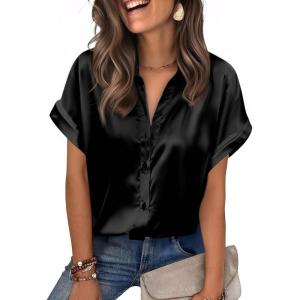 Zeagoo Womens Satin Blouse Short Sleeve Silk Tops Button Down Shirts Business Casual Outfits(Black)