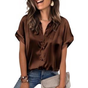 Zeagoo Womens Satin Blouse Short Sleeve Silk Tops Button Down Shirts Business Casual Outfits(Chocolate Brown)