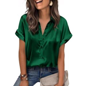 Zeagoo Womens Satin Blouse Short Sleeve Silk Tops Button Down Shirts Business Casual Outfits(Green)