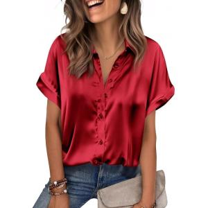 Zeagoo Womens Satin Blouse Short Sleeve Silk Tops Button Down Shirts Business Casual Outfits(Red)