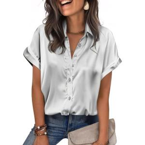 Zeagoo Womens Satin Blouse Short Sleeve Silk Tops Button Down Shirts Business Casual Outfits(Silver Grey)