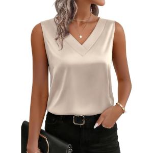Zeagoo Women’s Silk Satin Tank Tops V Neck Casual Camisoles Sleeveless Business Work Blouses Dressy Summer Shirts(Champagne)