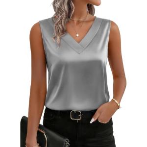 Zeagoo Women’s Silk Satin Tank Tops V Neck Casual Camisoles Sleeveless Business Work Blouses Dressy Summer Shirts(Grey)