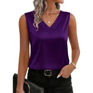 Zeagoo Women’s Silk Satin Tank Tops V Neck Casual Camisoles Sleeveless Business Work Blouses Dressy Summer Shirts(Purple)