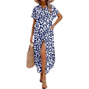 Zeagoo Womens Summer Casual Short Sleeve Button Down Long Shirt Dresses Loose Swimsuit Beach Cover Ups with Pockets(Blue Floral)