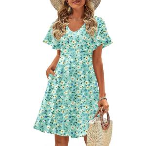 Zeagoo Womens Summer Dress Casual Swing Floral Ruffle Short Sleeve Sundresses Beach Mini A-line Shift Dress 2026 with Pockets(Blue White Floral)