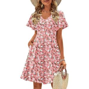Zeagoo Womens Summer Dress Casual Swing Floral Ruffle Short Sleeve Sundresses Beach Mini A-line Shift Dress 2026 with Pockets(Pink White Floral)