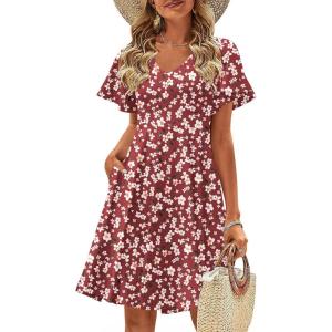Zeagoo Womens Summer Dress Casual Swing Floral Ruffle Short Sleeve Sundresses Beach Mini A-line Shift Dress 2026 with Pockets(Red Floral)