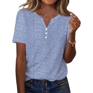 Zeagoo Womens Summer Tops Casual Short Sleeve V Neck Shirts Business Dressy Work Blouses(Blue White Stripes)